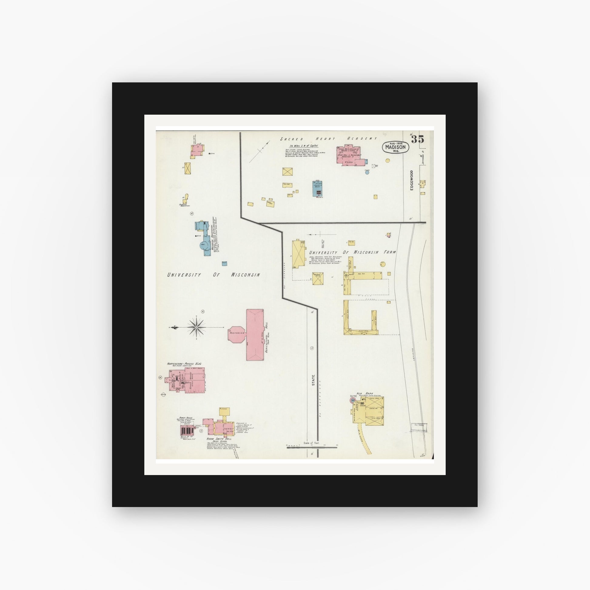 Old map wall art mockup — black gallery frame with white mat — Sanborn Fire Insurance Map from Madison, Dane County, Wisconsin (1902), Sheet #0035