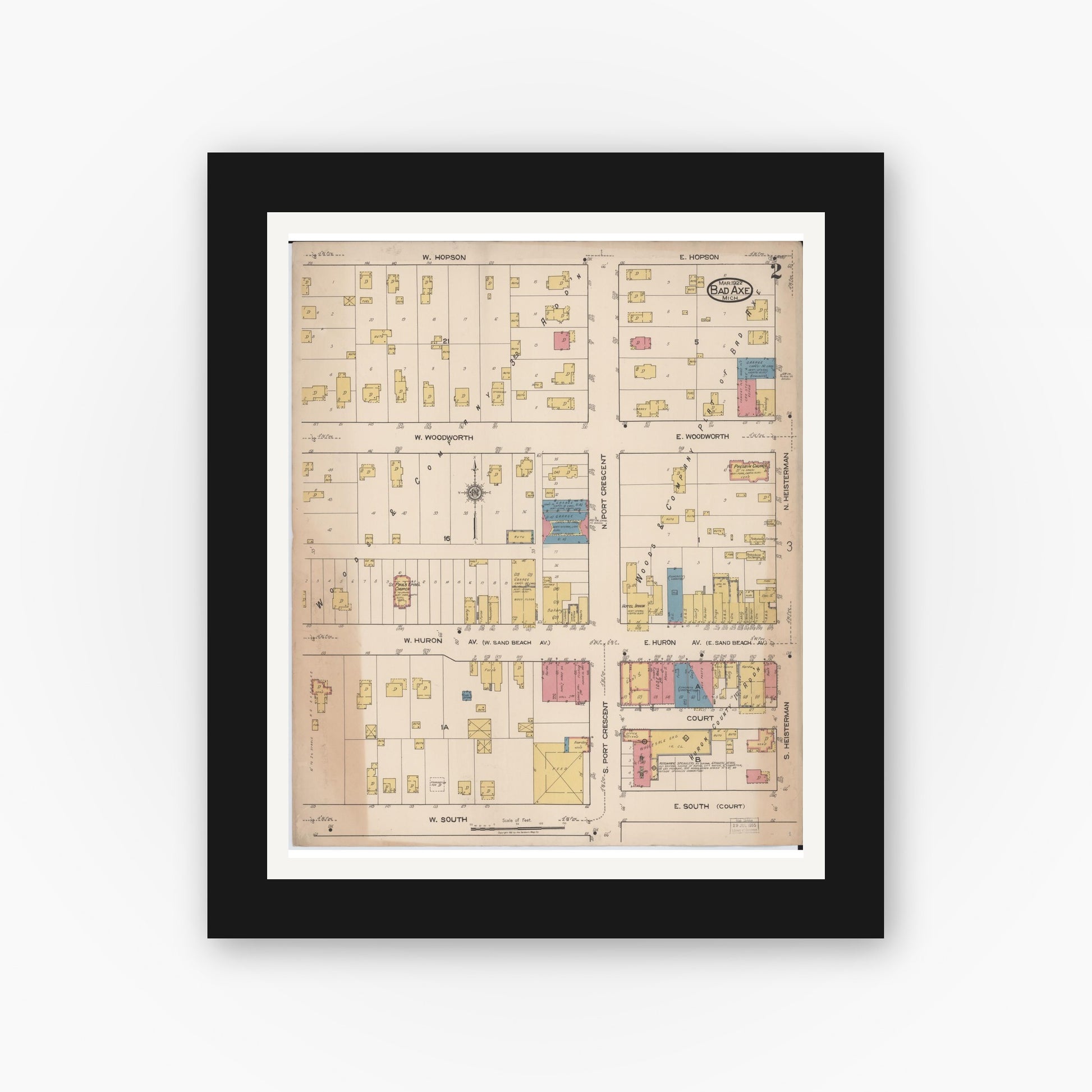 Old map wall art mockup — black gallery frame with white mat — Sanborn Fire Insurance Map from Bad Axe, Huron County, Michigan (1922), Sheet #0002
