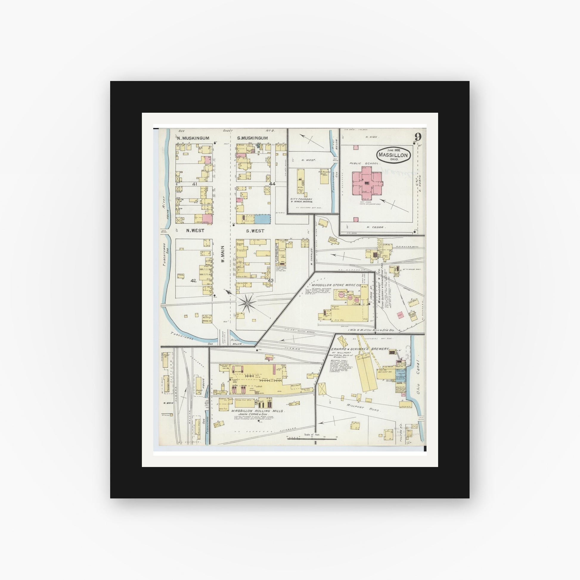 Old map wall art mockup — black gallery frame with white mat — Sanborn Fire Insurance Map from Massillon, Stark County, Ohio (1892), Sheet #0009