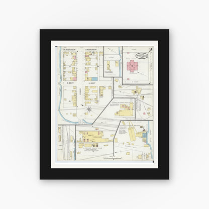 Old map wall art mockup — black gallery frame with white mat — Sanborn Fire Insurance Map from Massillon, Stark County, Ohio (1892), Sheet #0009