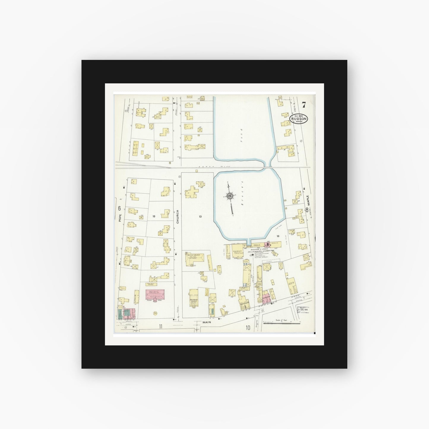 Old map wall art mockup — black gallery frame with white mat — Sanborn Fire Insurance Map from Hudson, Middlesex County, Massachusetts (1909), Sheet #0007