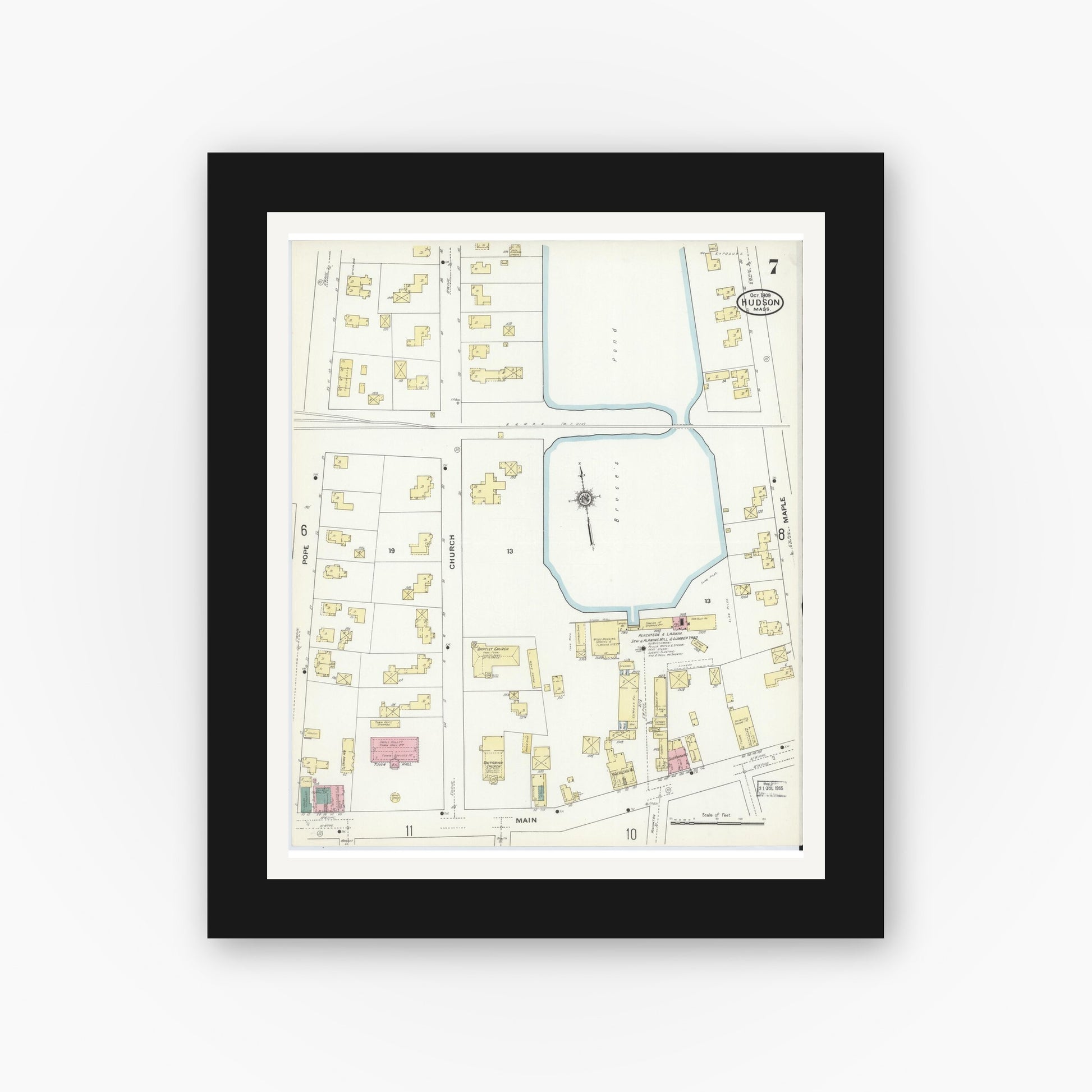 Old map wall art mockup — black gallery frame with white mat — Sanborn Fire Insurance Map from Hudson, Middlesex County, Massachusetts (1909), Sheet #0007