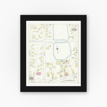 Old map wall art mockup — black gallery frame with white mat — Sanborn Fire Insurance Map from Hudson, Middlesex County, Massachusetts (1909), Sheet #0007