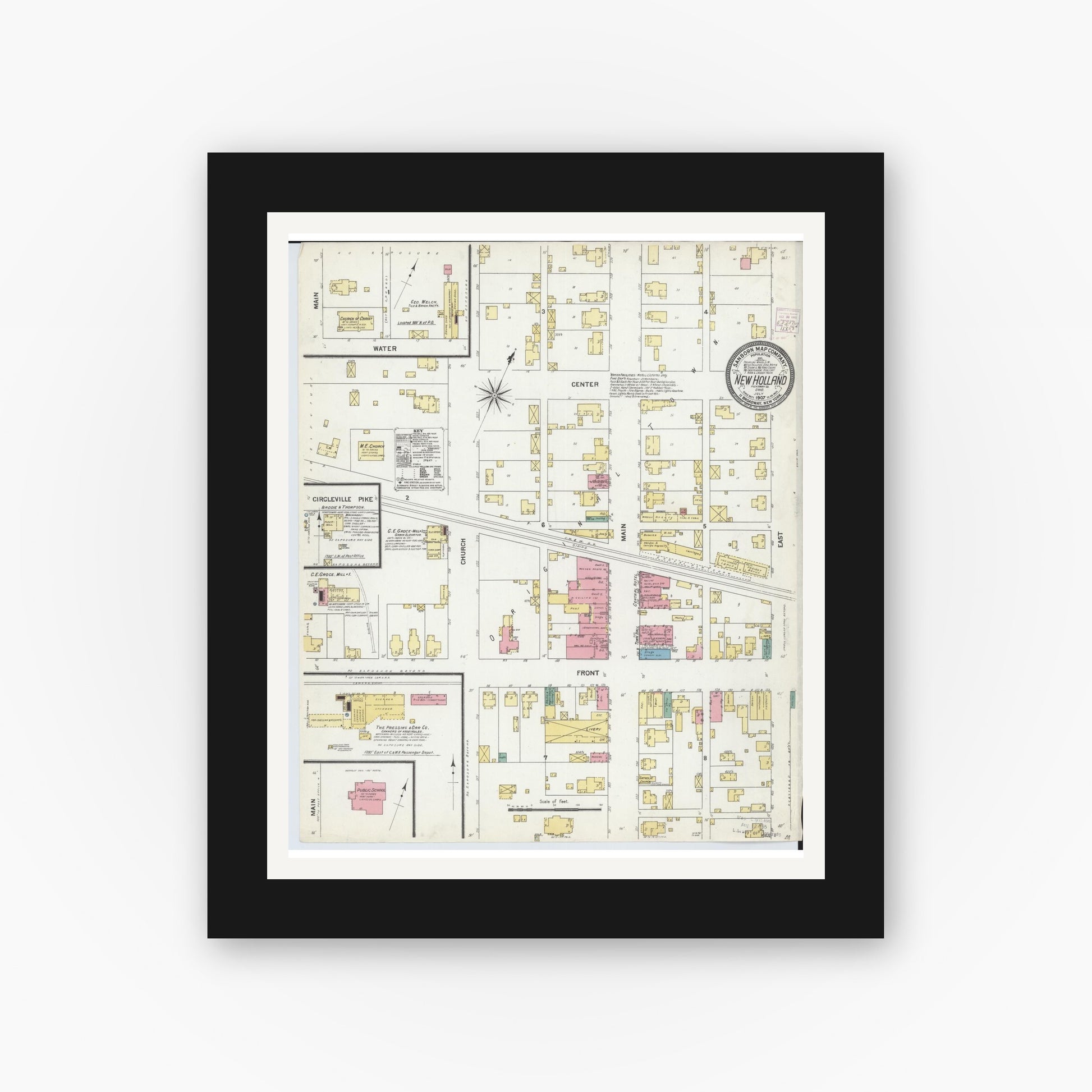 Old map wall art mockup — black gallery frame with white mat — Sanborn Fire Insurance Map from New Holland, Pickaway County, Ohio (1907), Sheet #0001