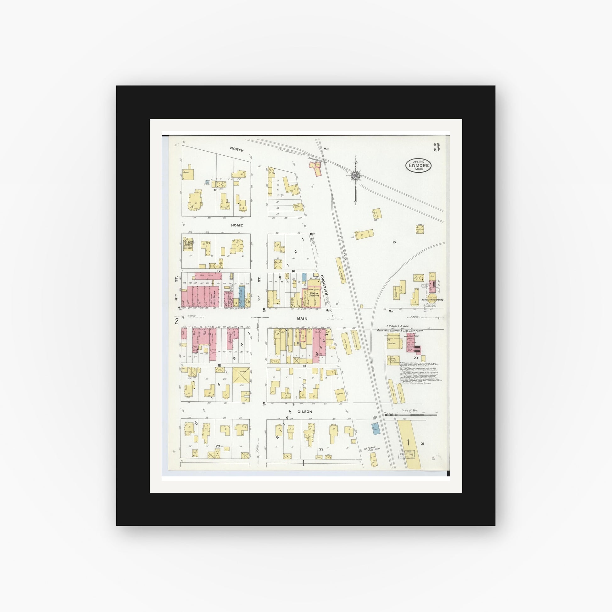 Old map wall art mockup — black gallery frame with white mat — Sanborn Fire Insurance Map from Edmore, Montcalm County, Michigan (1910), Sheet #0003