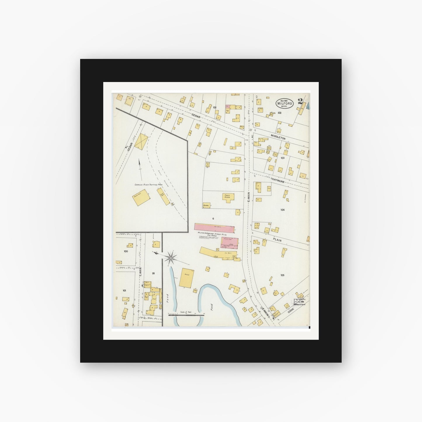 Old map wall art mockup — black gallery frame with white mat — Sanborn Fire Insurance Map from Milford, Worcester County, Massachusetts (1903), Sheet #0002