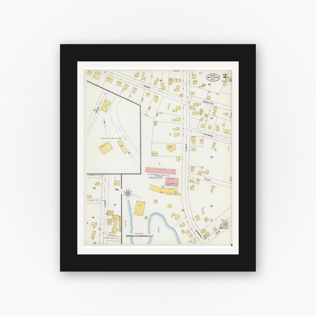 Old map wall art mockup — black gallery frame with white mat — Sanborn Fire Insurance Map from Milford, Worcester County, Massachusetts (1903), Sheet #0002