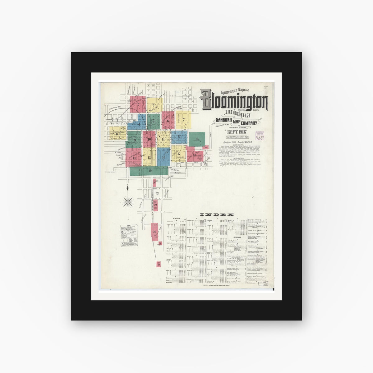 Old map wall art mockup — black gallery frame with white mat — Sanborn Fire Insurance Map from Bloomington, Monroe County, Indiana (1907) - Complete Map Set