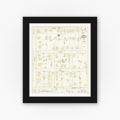 Old map wall art mockup — black gallery frame with white mat — Sanborn Fire Insurance Map from Yoakum, De Witt And Lavaca Counties, Texas (1912), Sheet #0007
