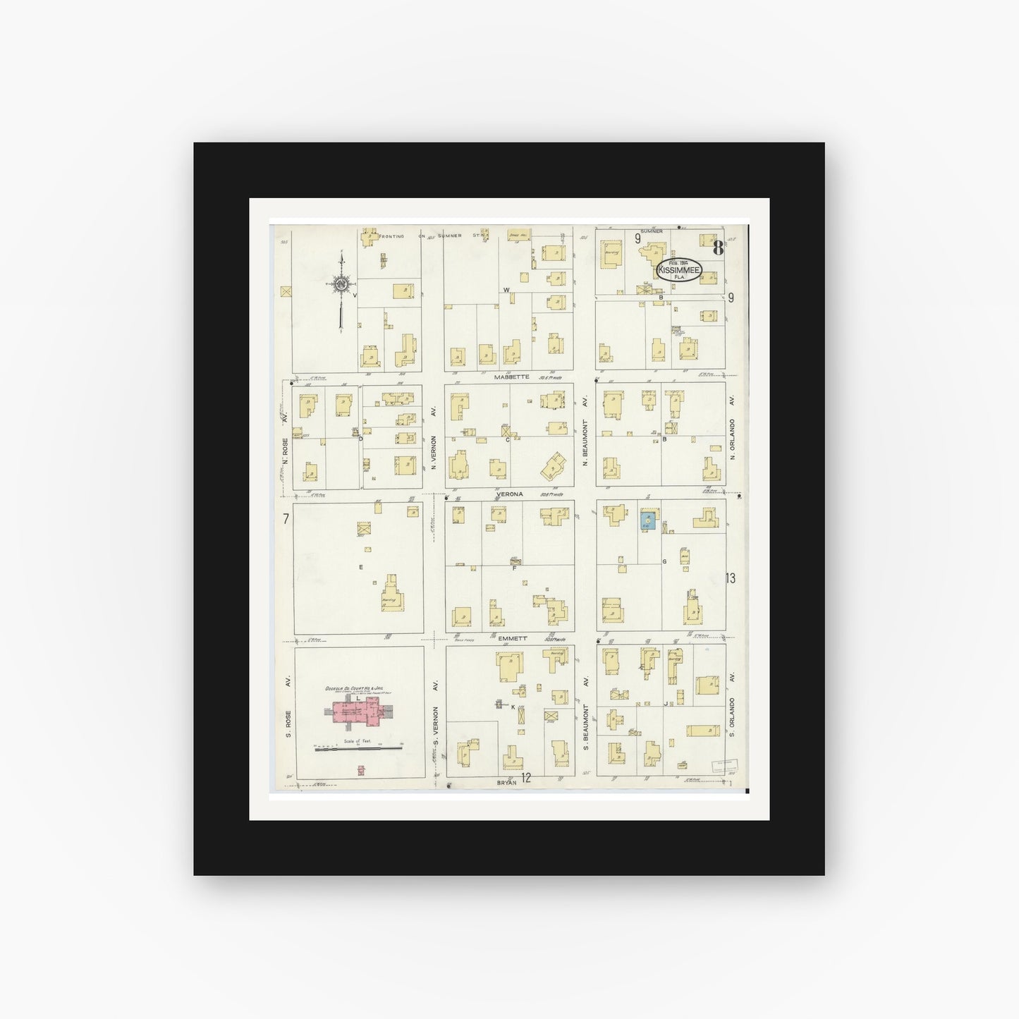 Old map wall art mockup — black gallery frame with white mat — Sanborn Fire Insurance Map from Kissimmee, Osceola County, Florida (1914), Sheet #0008