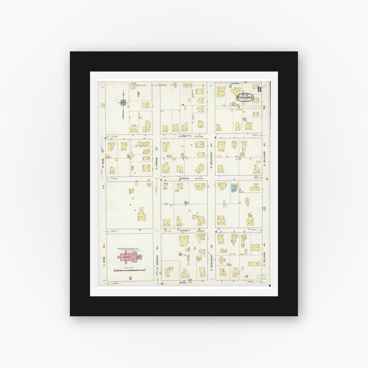 Old map wall art mockup — black gallery frame with white mat — Sanborn Fire Insurance Map from Kissimmee, Osceola County, Florida (1914), Sheet #0008