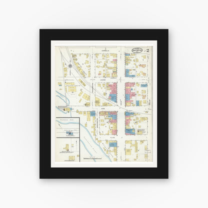 Old map wall art mockup — black gallery frame with white mat — Sanborn Fire Insurance Map from Darlington, Lafayette County, Wisconsin (1915), Sheet #0002
