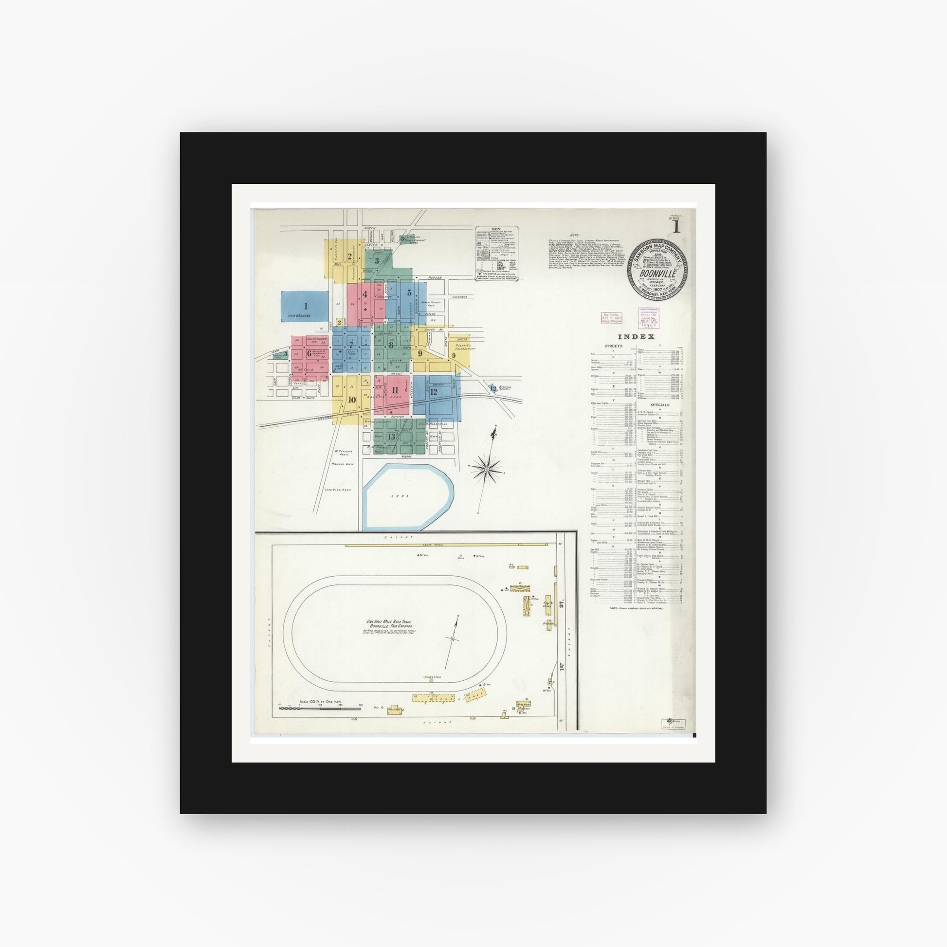 Old map wall art mockup — black gallery frame with white mat — Sanborn Fire Insurance Map from Boonville, Warrick County, Indiana (1907) - Complete Map Set