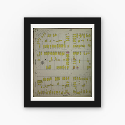 Old map wall art mockup — black gallery frame with white mat — Sanborn Fire Insurance Map from Madison, Dane County, Wisconsin (1908), Sheet #0037
