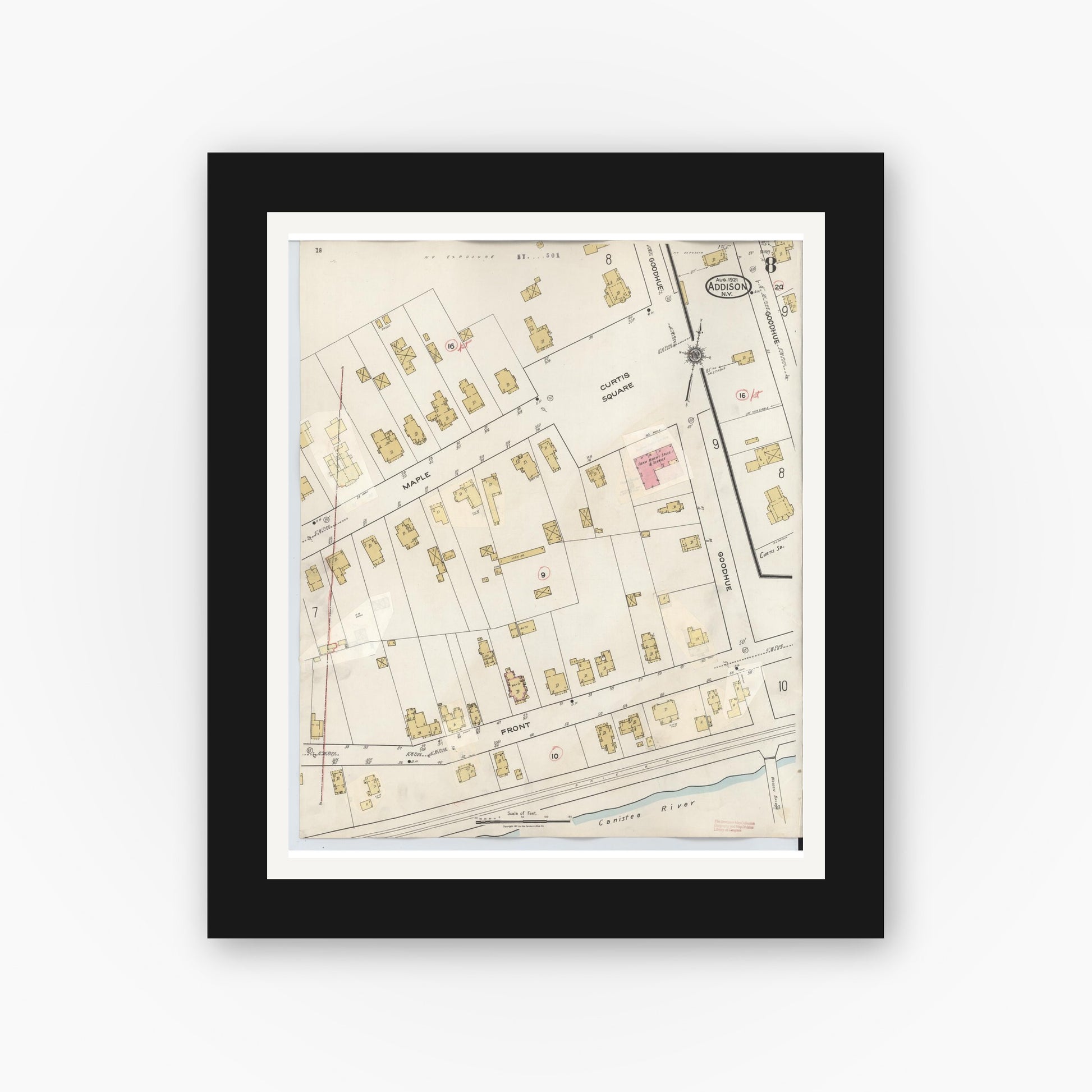 Old map wall art mockup — black gallery frame with white mat — Sanborn Fire Insurance Map from Addison, Steuben County, New York (1945), Sheet #0008