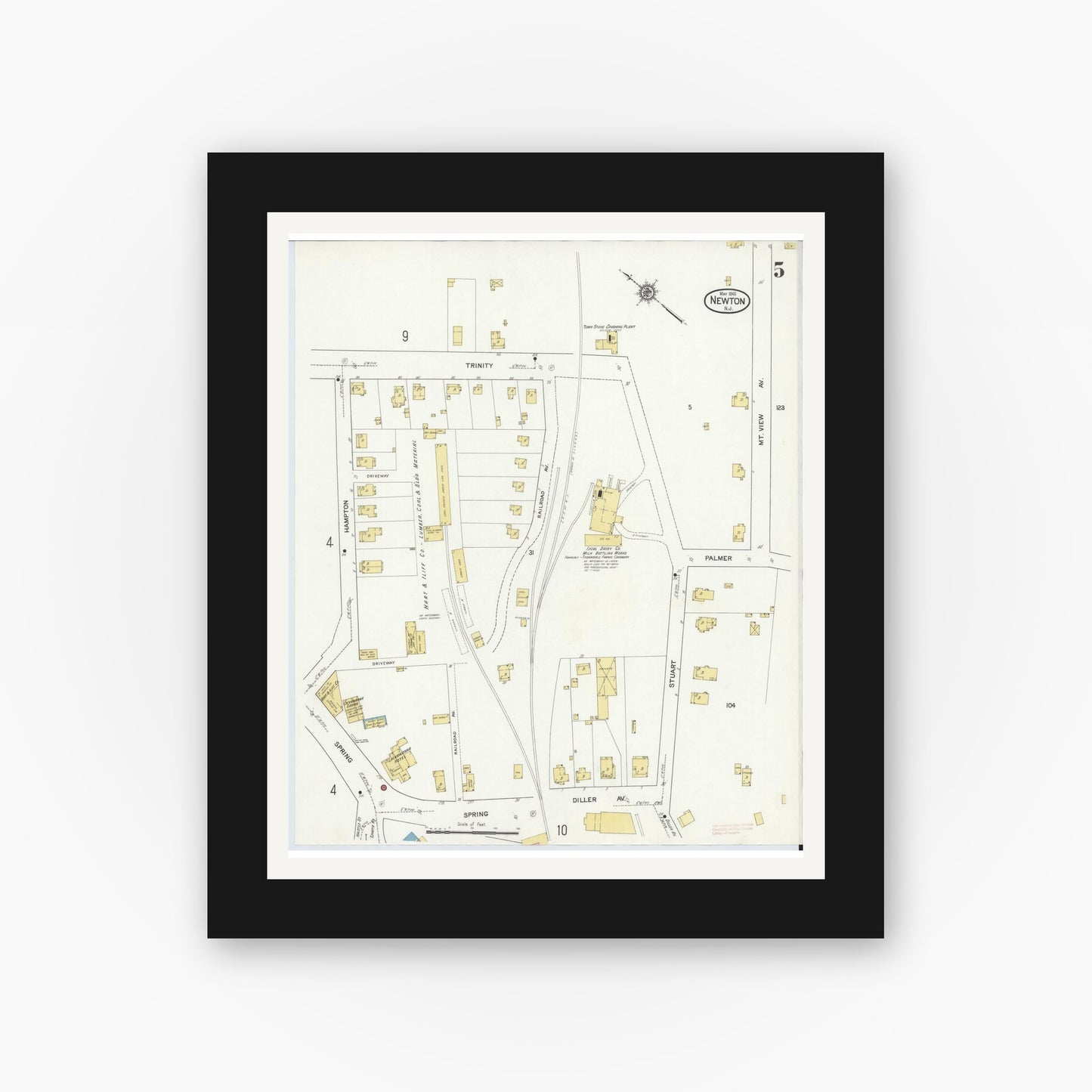 Old map wall art mockup — black gallery frame with white mat — Sanborn Fire Insurance Map from Newton, Sussex County, New Jersey (1916), Sheet #0005