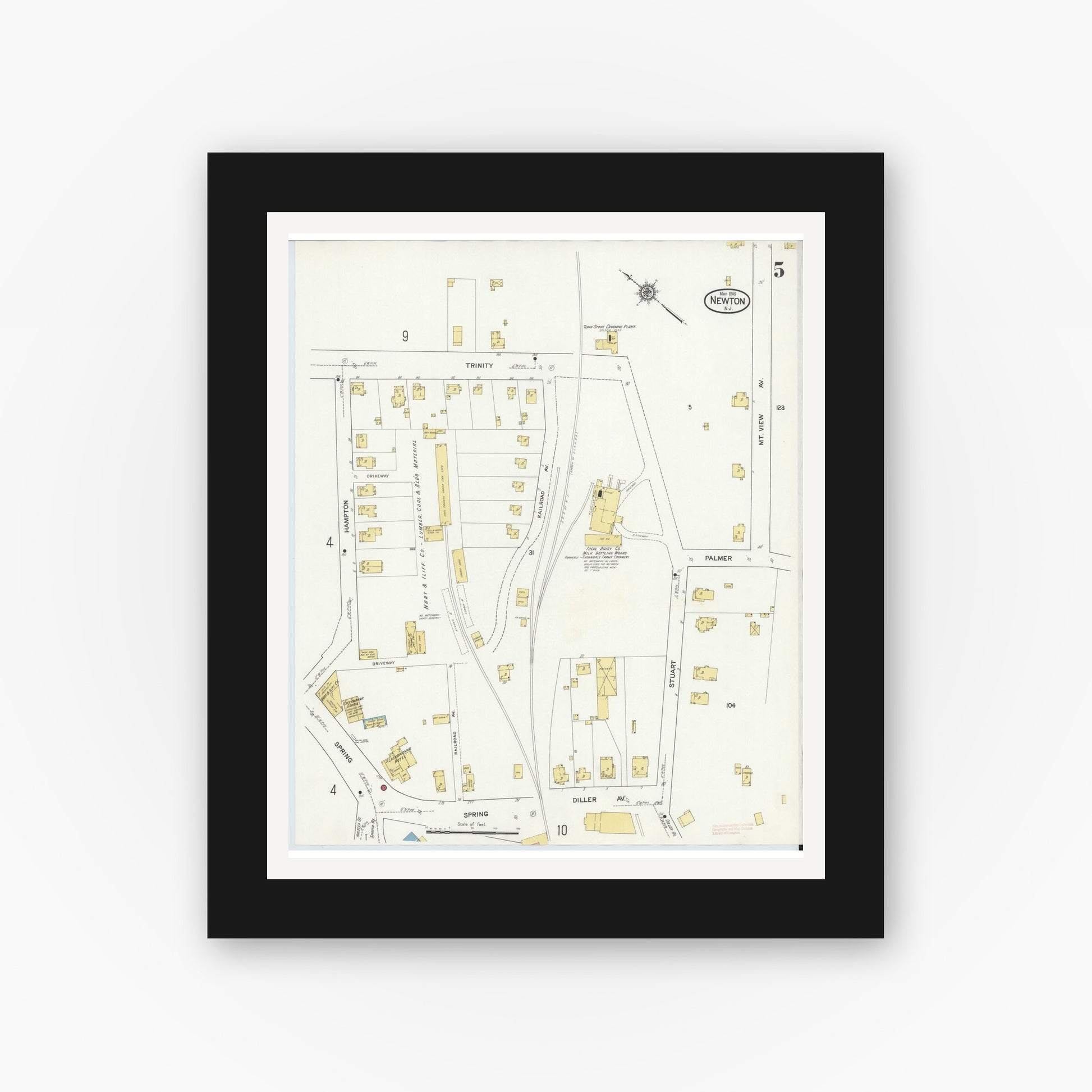 Old map wall art mockup — black gallery frame with white mat — Sanborn Fire Insurance Map from Newton, Sussex County, New Jersey (1916), Sheet #0005