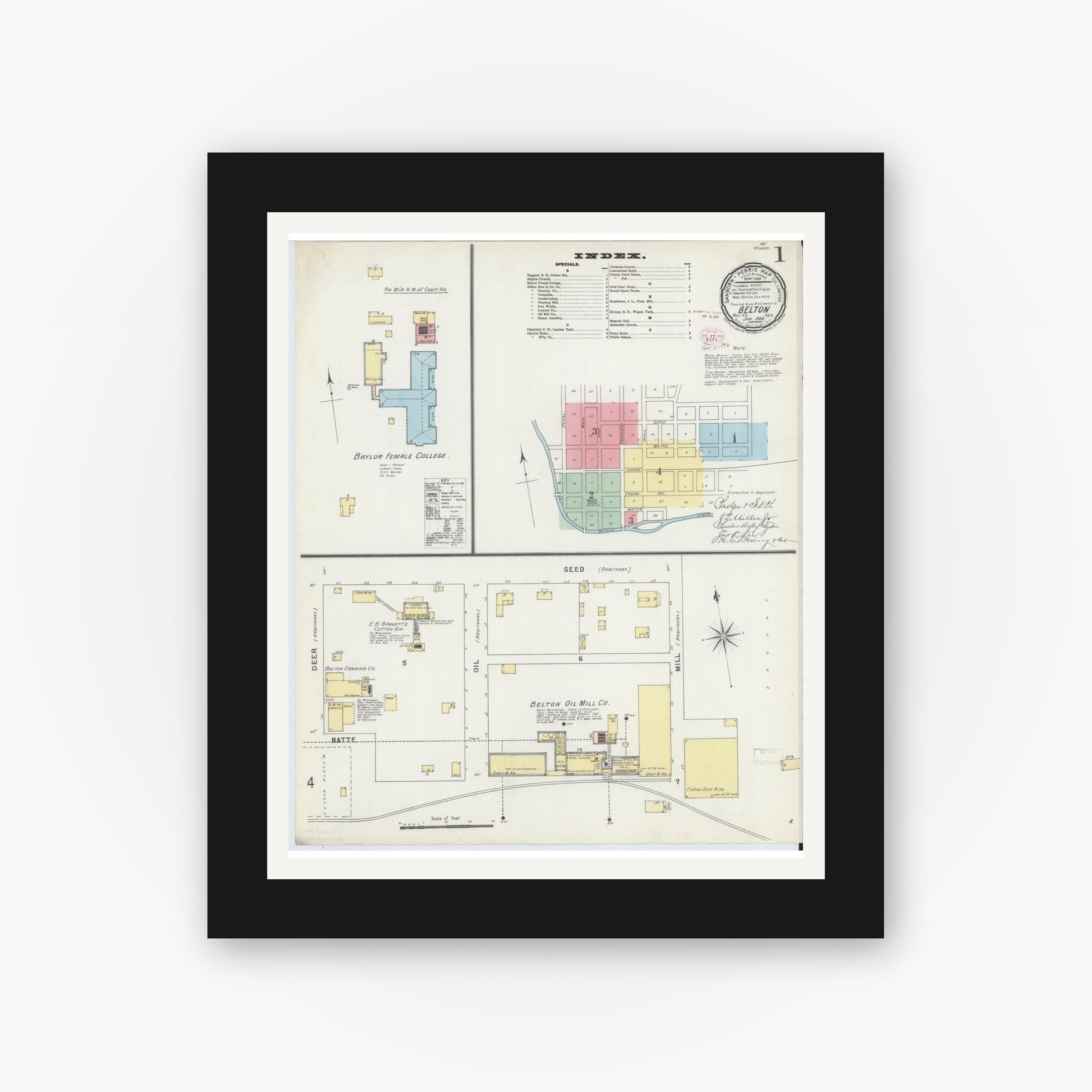 Old map wall art mockup — black gallery frame with white mat — Sanborn Fire Insurance Map from Belton, Bell County, Texas (1896), Sheet #0001