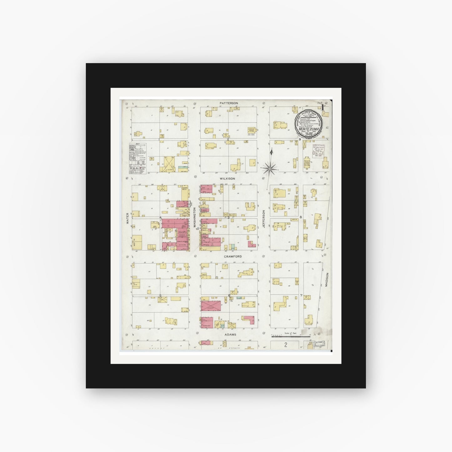 Old map wall art mockup — black gallery frame with white mat — Sanborn Fire Insurance Map from Montezuma, Parke County, Indiana (1900) - Complete Map Set