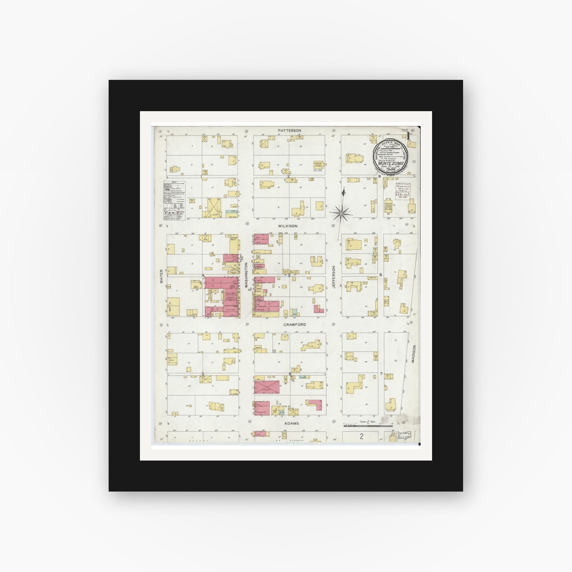 Old map wall art mockup — black gallery frame with white mat — Sanborn Fire Insurance Map from Montezuma, Parke County, Indiana (1900) - Complete Map Set