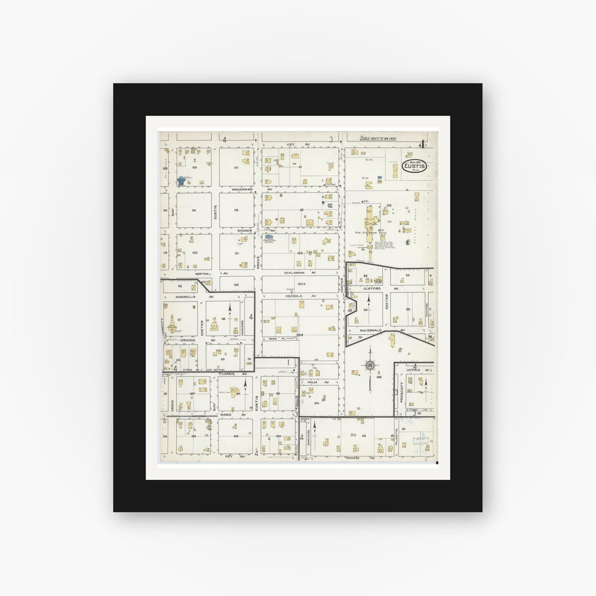 Old map wall art mockup — black gallery frame with white mat — Sanborn Fire Insurance Map from Eustis, Lake County, Florida (1917), Sheet #0004