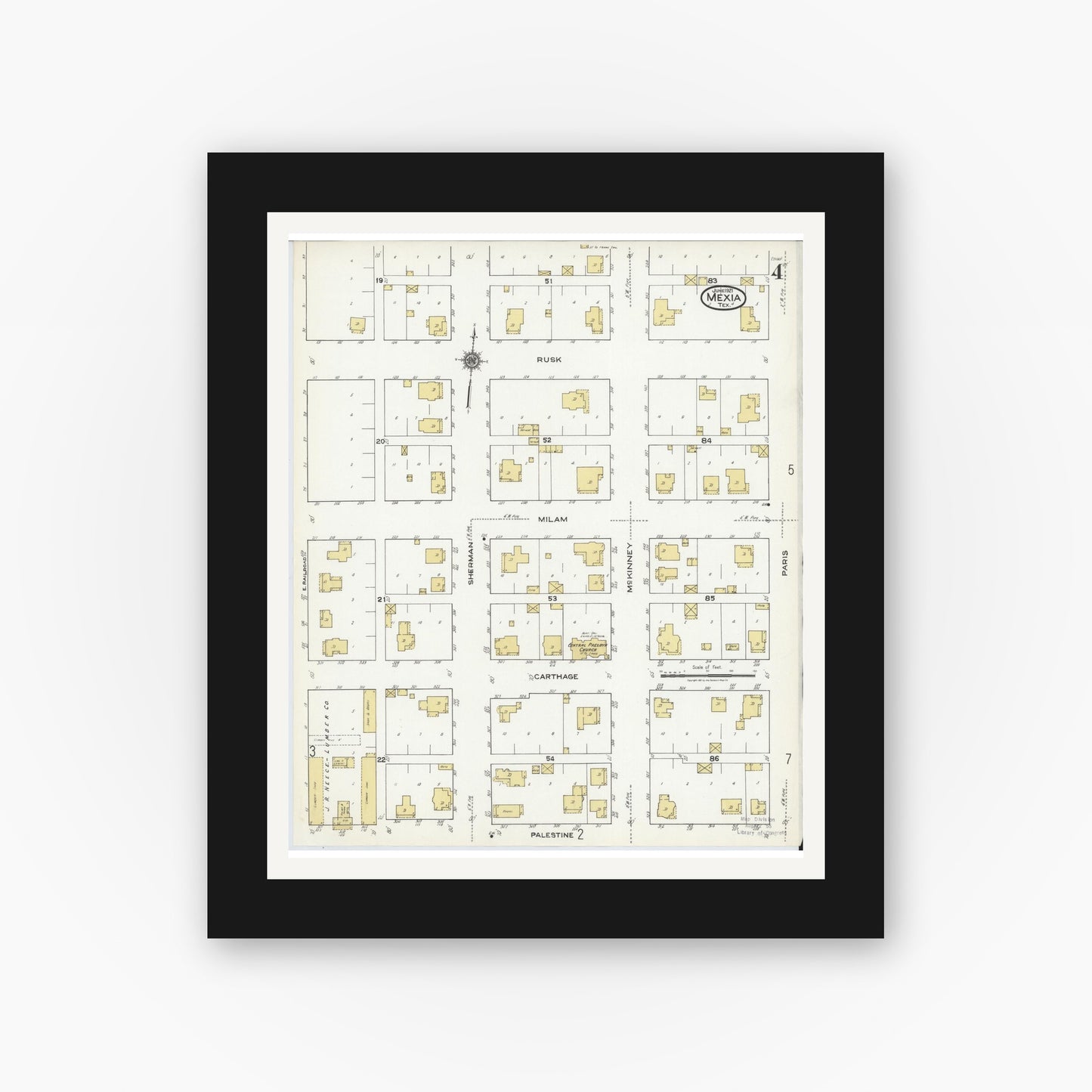 Old map wall art mockup — black gallery frame with white mat — Sanborn Fire Insurance Map from Mexia, Limestone County, Texas (1921), Sheet #0004