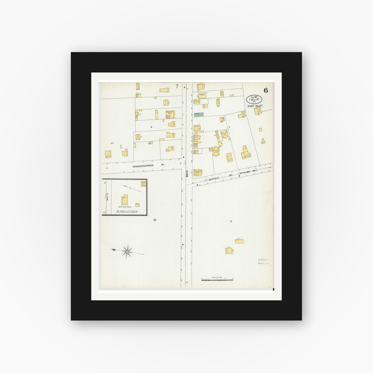 Old map wall art mockup — black gallery frame with white mat — Sanborn Fire Insurance Map from Islip, Suffolk County, New York (1902), Sheet #0006