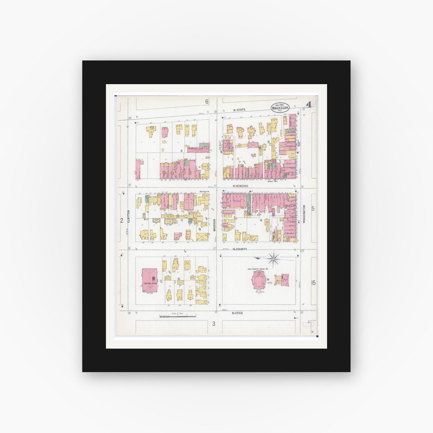 Old map wall art mockup — black gallery frame with white mat — Sanborn Fire Insurance Map from Waukegan, Lake County, Illinois (1900), Sheet #0004