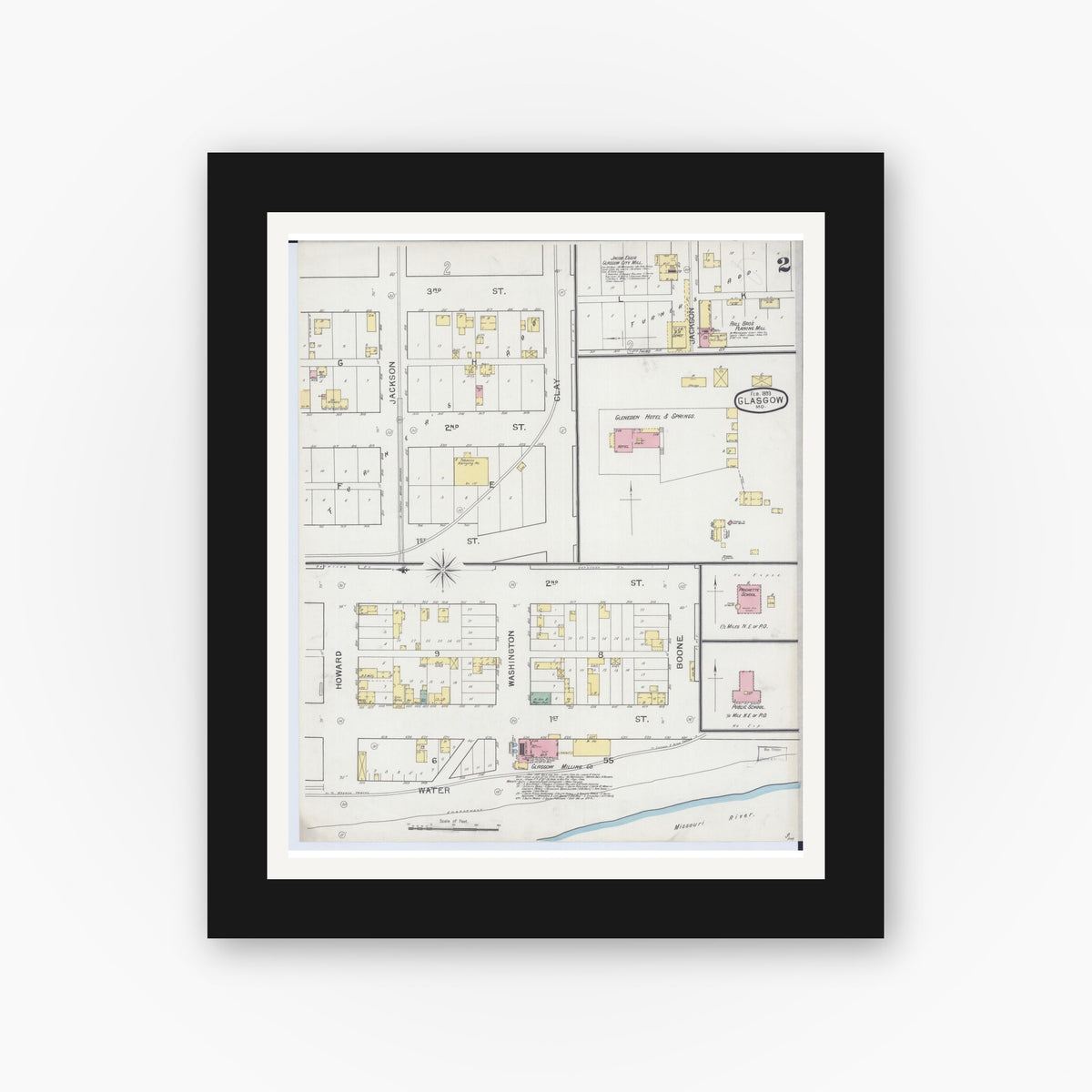 Old map wall art mockup — black gallery frame with white mat — Sanborn Fire Insurance Map from Glasgow, Howard County, Missouri (1893), Sheet #0002