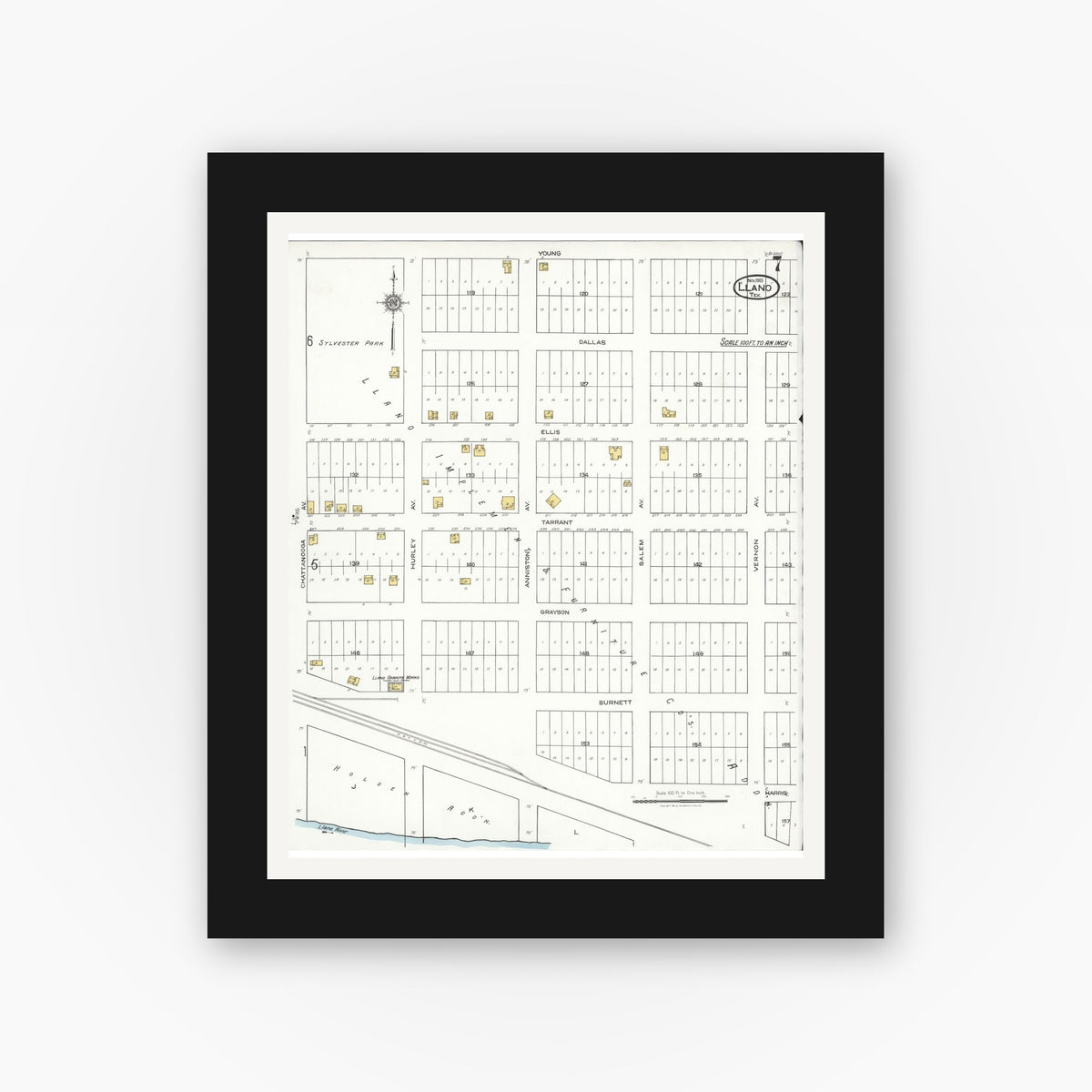 Old map wall art mockup — black gallery frame with white mat — Sanborn Fire Insurance Map from Llano, Llano County, Texas (1921), Sheet #0007