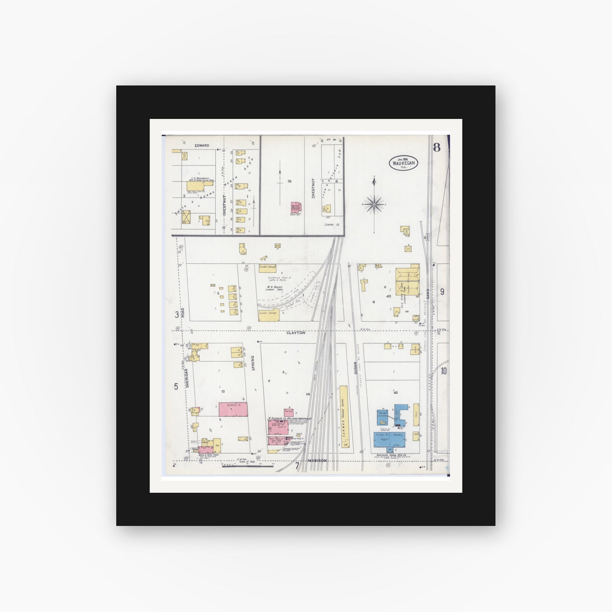 Old map wall art mockup — black gallery frame with white mat — Sanborn Fire Insurance Map from Waukegan, Lake County, Illinois (1906), Sheet #0008