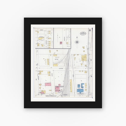 Old map wall art mockup — black gallery frame with white mat — Sanborn Fire Insurance Map from Waukegan, Lake County, Illinois (1906), Sheet #0008