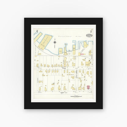 Old map wall art mockup — black gallery frame with white mat — Sanborn Fire Insurance Map from Hertford, Perquimans County, North Carolina (1923), Sheet #0002