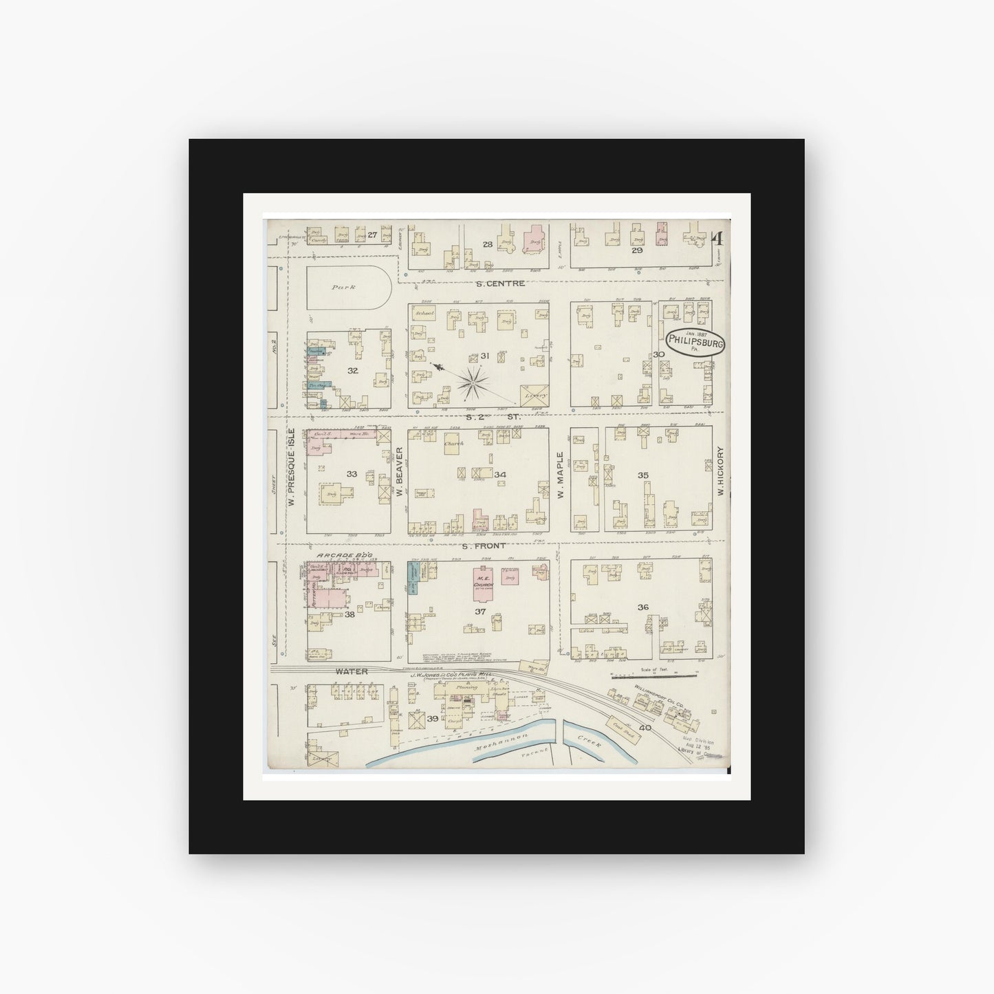Old map wall art mockup — black gallery frame with white mat — Sanborn Fire Insurance Map from Philipsburg, Centre County, Pennsylvania (1887), Sheet #0004