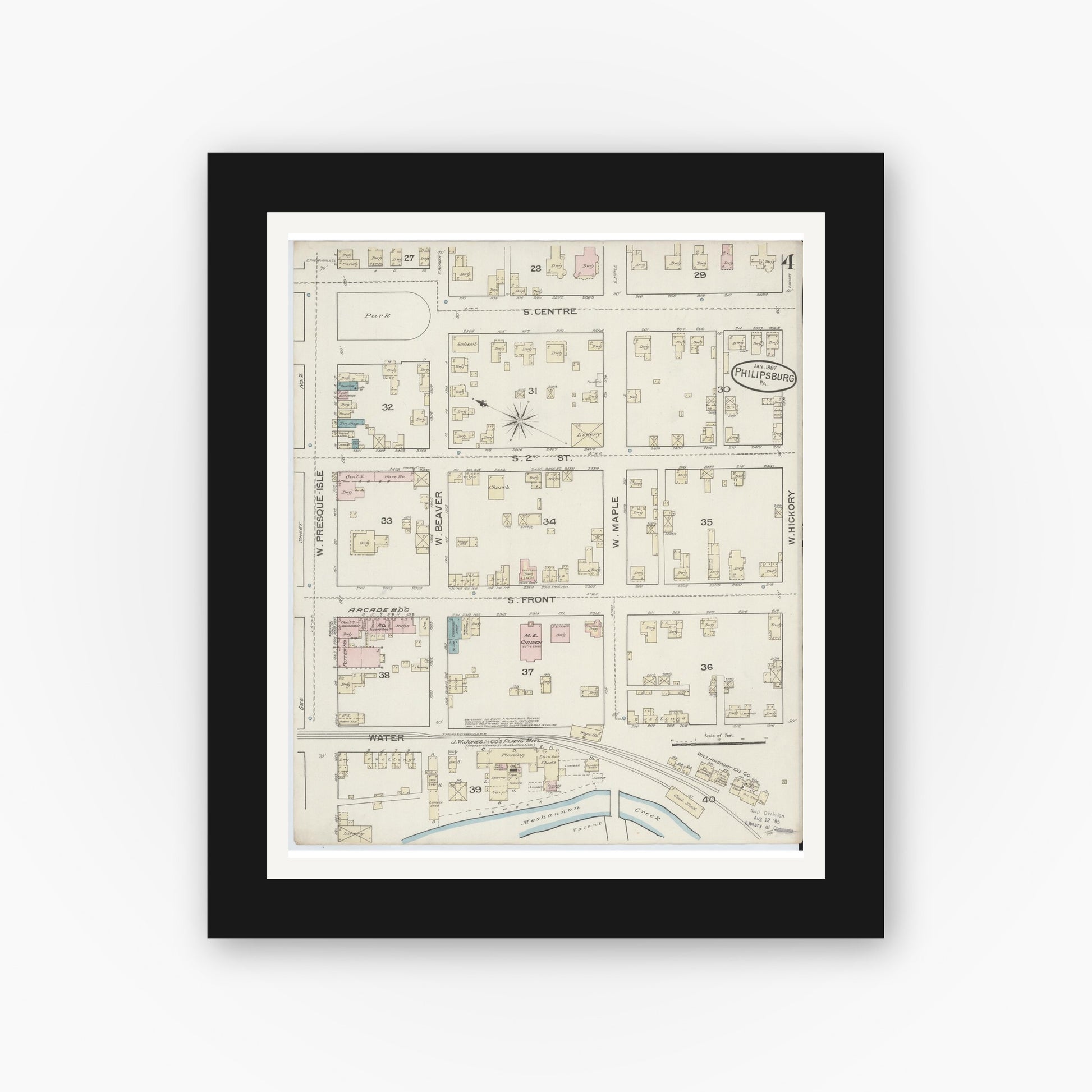 Old map wall art mockup — black gallery frame with white mat — Sanborn Fire Insurance Map from Philipsburg, Centre County, Pennsylvania (1887), Sheet #0004