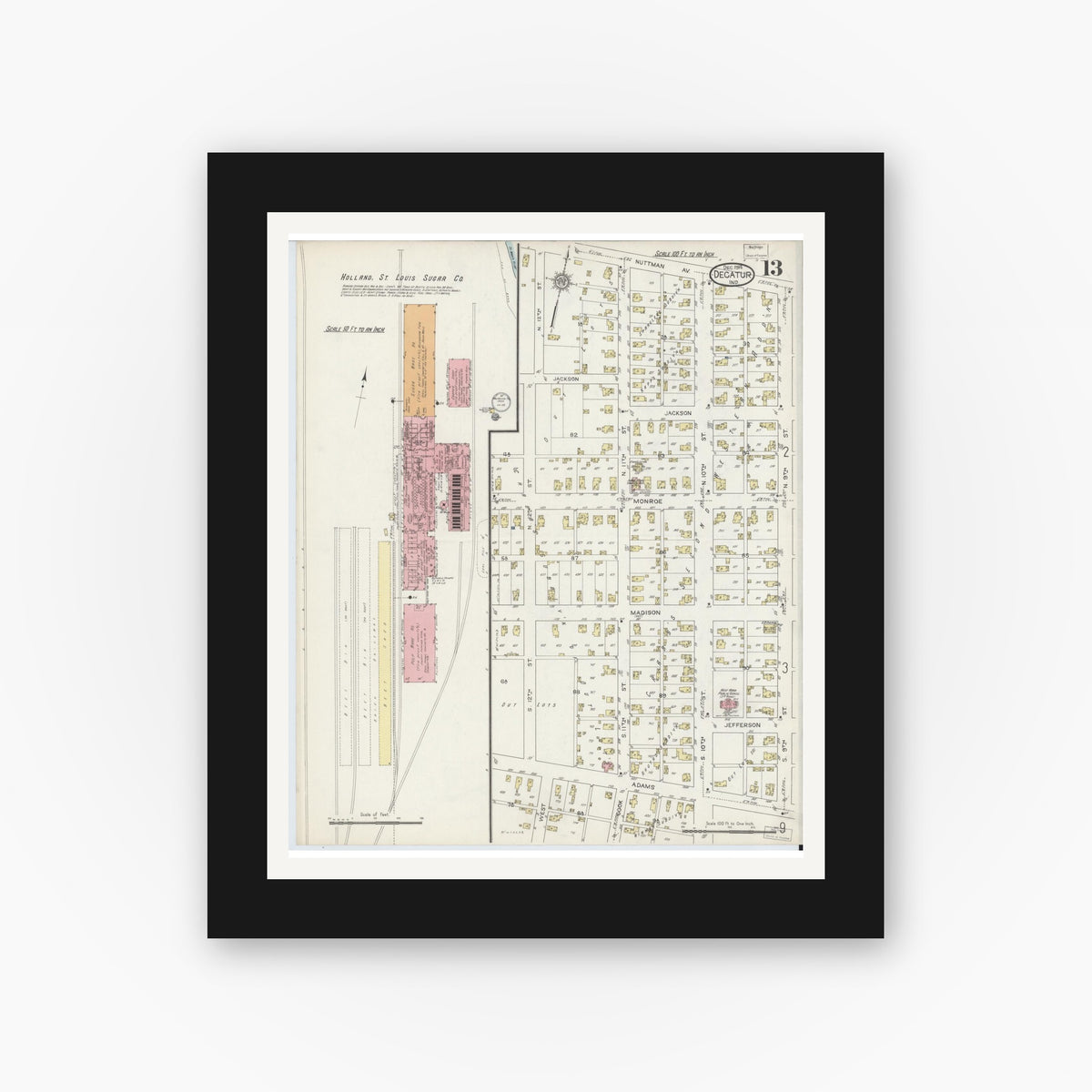 Old map wall art mockup — black gallery frame with white mat — Sanborn Fire Insurance Map from Decatur, Adams County, Indiana (1914), Sheet #0013