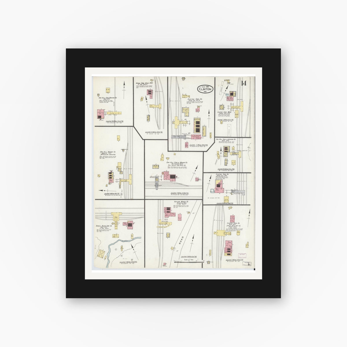Old map wall art mockup — black gallery frame with white mat — Sanborn Fire Insurance Map from Clinton, Vermillion County, Indiana (1910), Sheet #0014