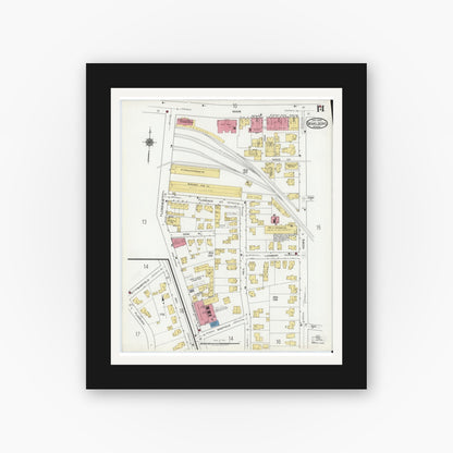 Old map wall art mockup — black gallery frame with white mat — Sanborn Fire Insurance Map from Marlborough, Middlesex County, Massachusetts (1920), Sheet #0014