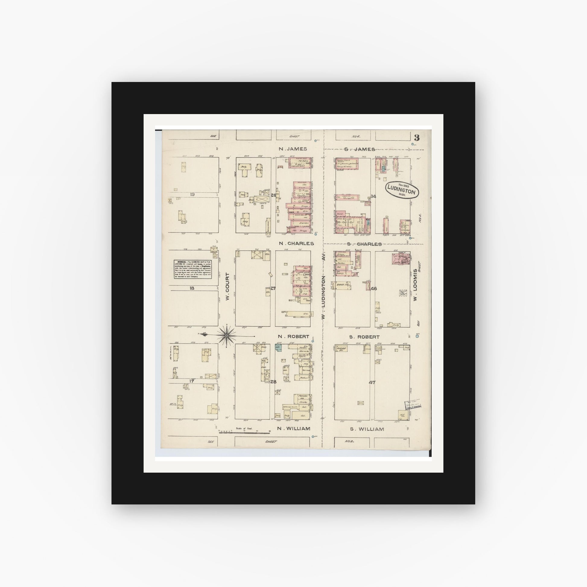 Old map wall art mockup — black gallery frame with white mat — Sanborn Fire Insurance Map from Ludington, Mason County, Michigan (1883), Sheet #0003