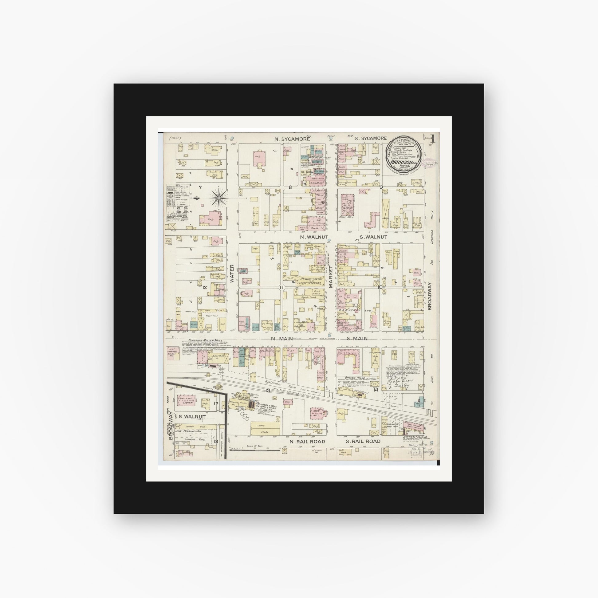 Old map wall art mockup — black gallery frame with white mat — Sanborn Fire Insurance Map from Harrison, Hamilton County, Ohio (1887) - Complete Map Set