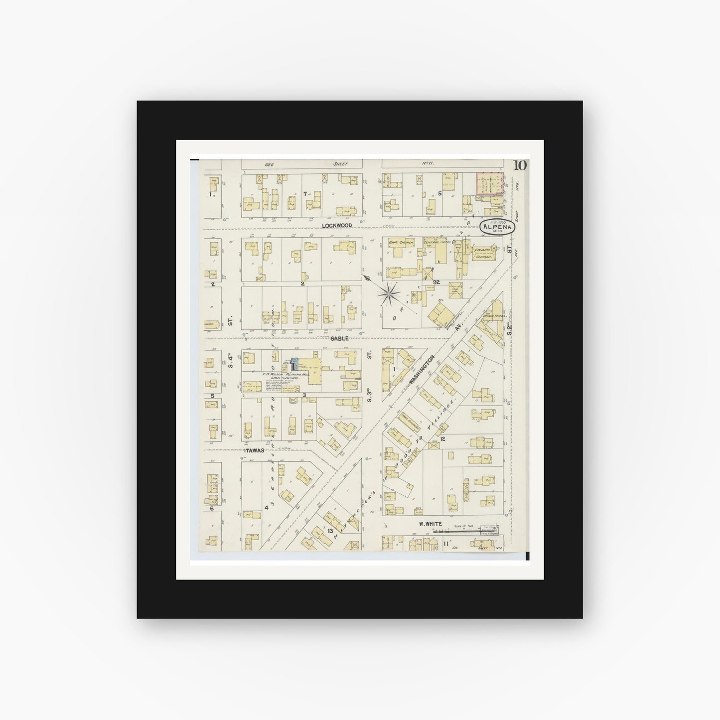 Old map wall art mockup — black gallery frame with white mat — Sanborn Fire Insurance Map from Alpena, Alpena County, Michigan (1890), Sheet #0010