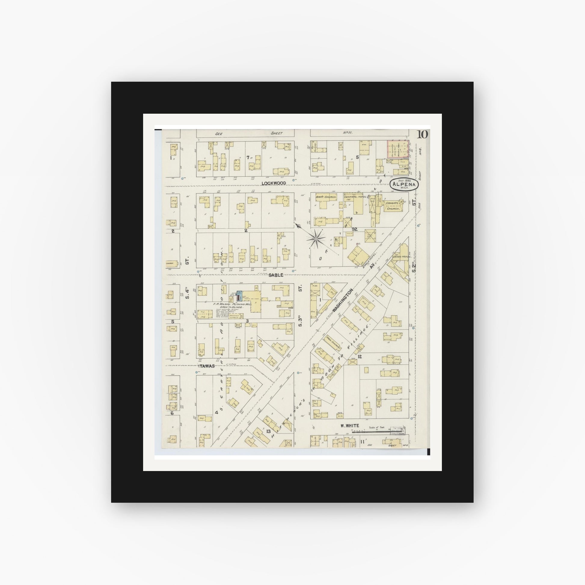 Old map wall art mockup — black gallery frame with white mat — Sanborn Fire Insurance Map from Alpena, Alpena County, Michigan (1890), Sheet #0010