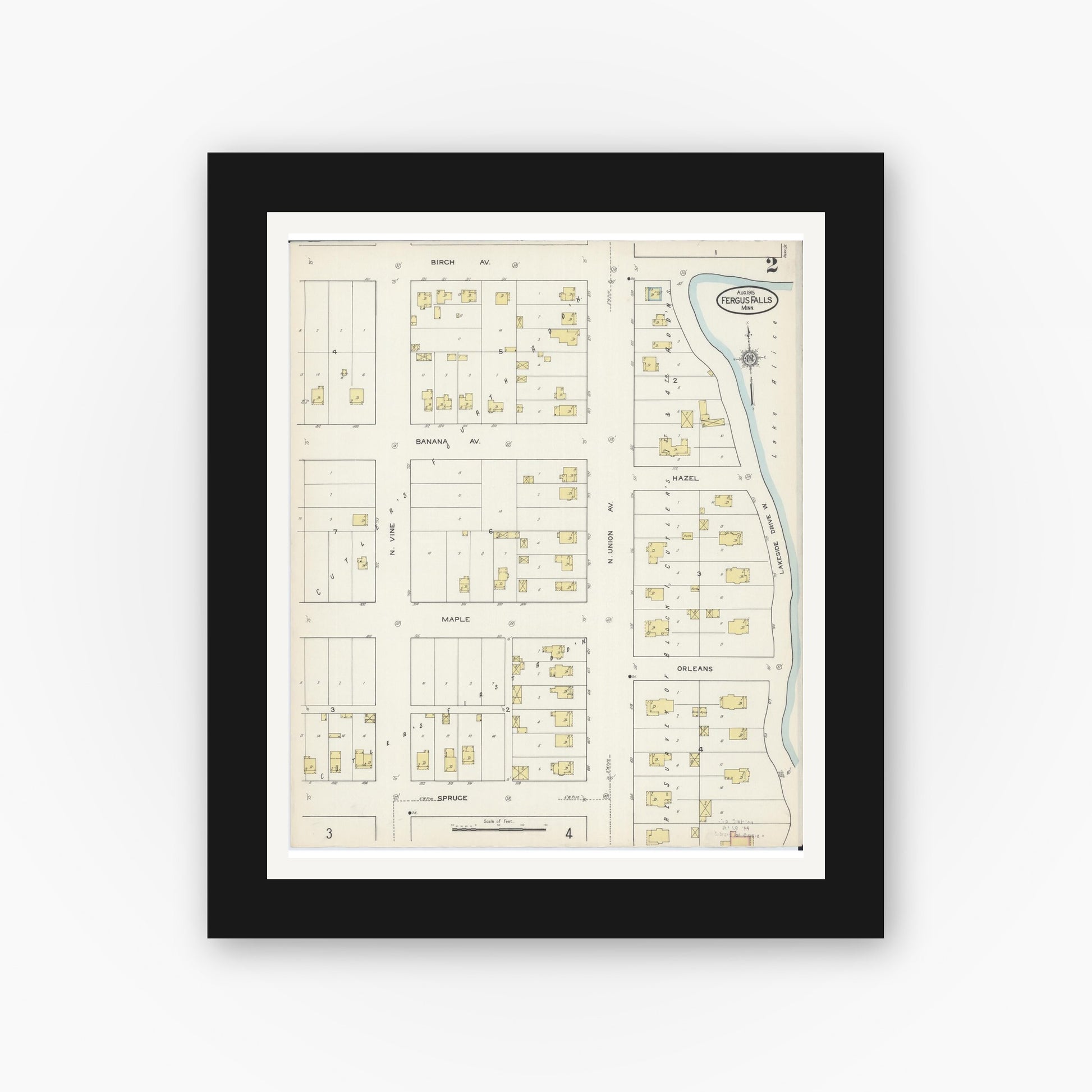 Old map wall art mockup — black gallery frame with white mat — Sanborn Fire Insurance Map from Fergus Falls, Otter Tail County, Minnesota (1915), Sheet #0002
