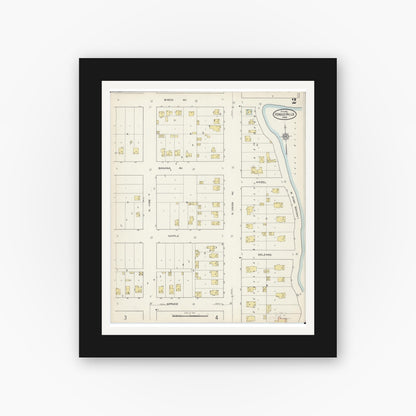 Old map wall art mockup — black gallery frame with white mat — Sanborn Fire Insurance Map from Fergus Falls, Otter Tail County, Minnesota (1915), Sheet #0002