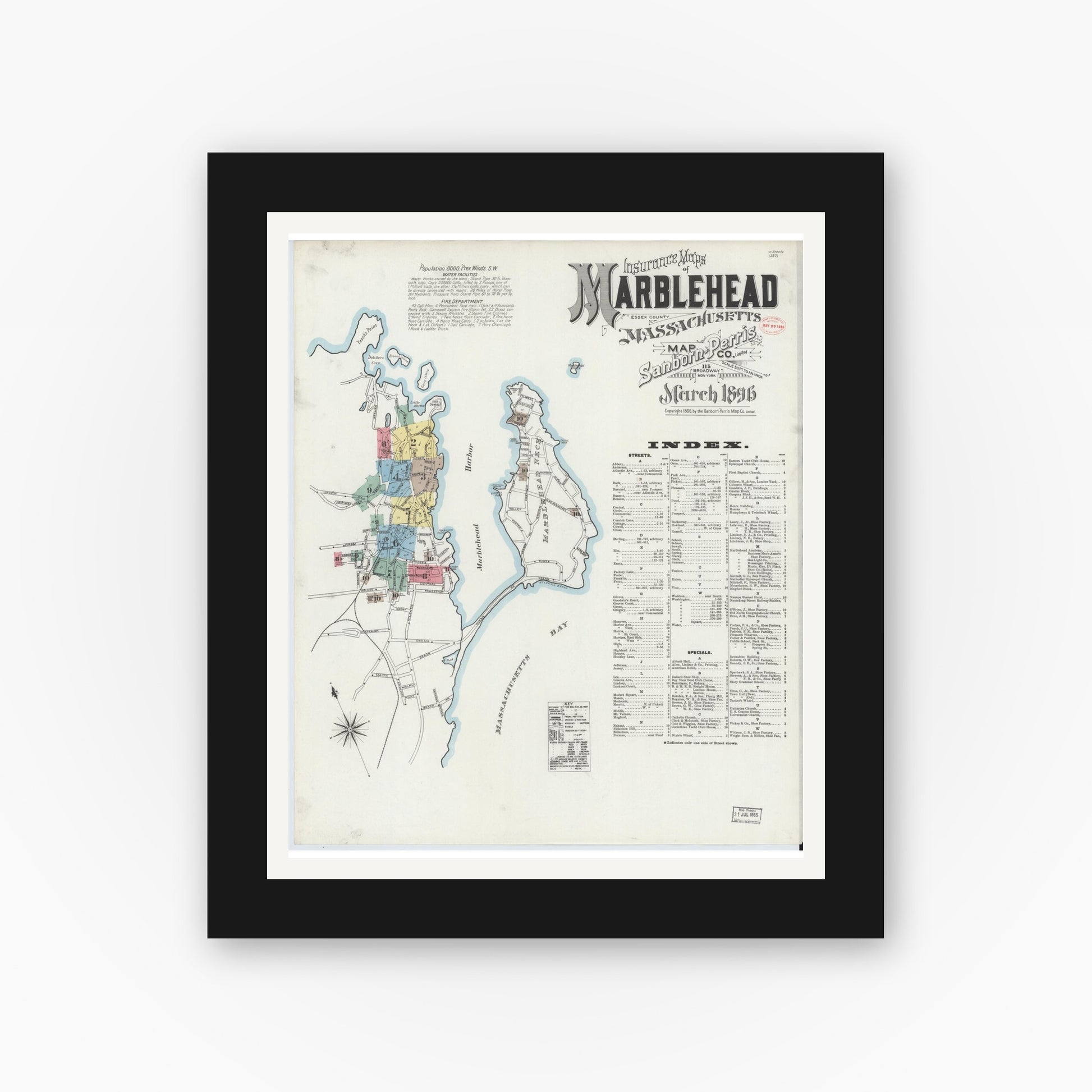 Old map wall art mockup — black gallery frame with white mat — Sanborn Fire Insurance Map from Marblehead, Essex County, Massachusetts (1896) - Complete Map Set