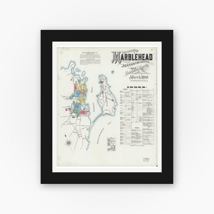 Old map wall art mockup — black gallery frame with white mat — Sanborn Fire Insurance Map from Marblehead, Essex County, Massachusetts (1896) - Complete Map Set
