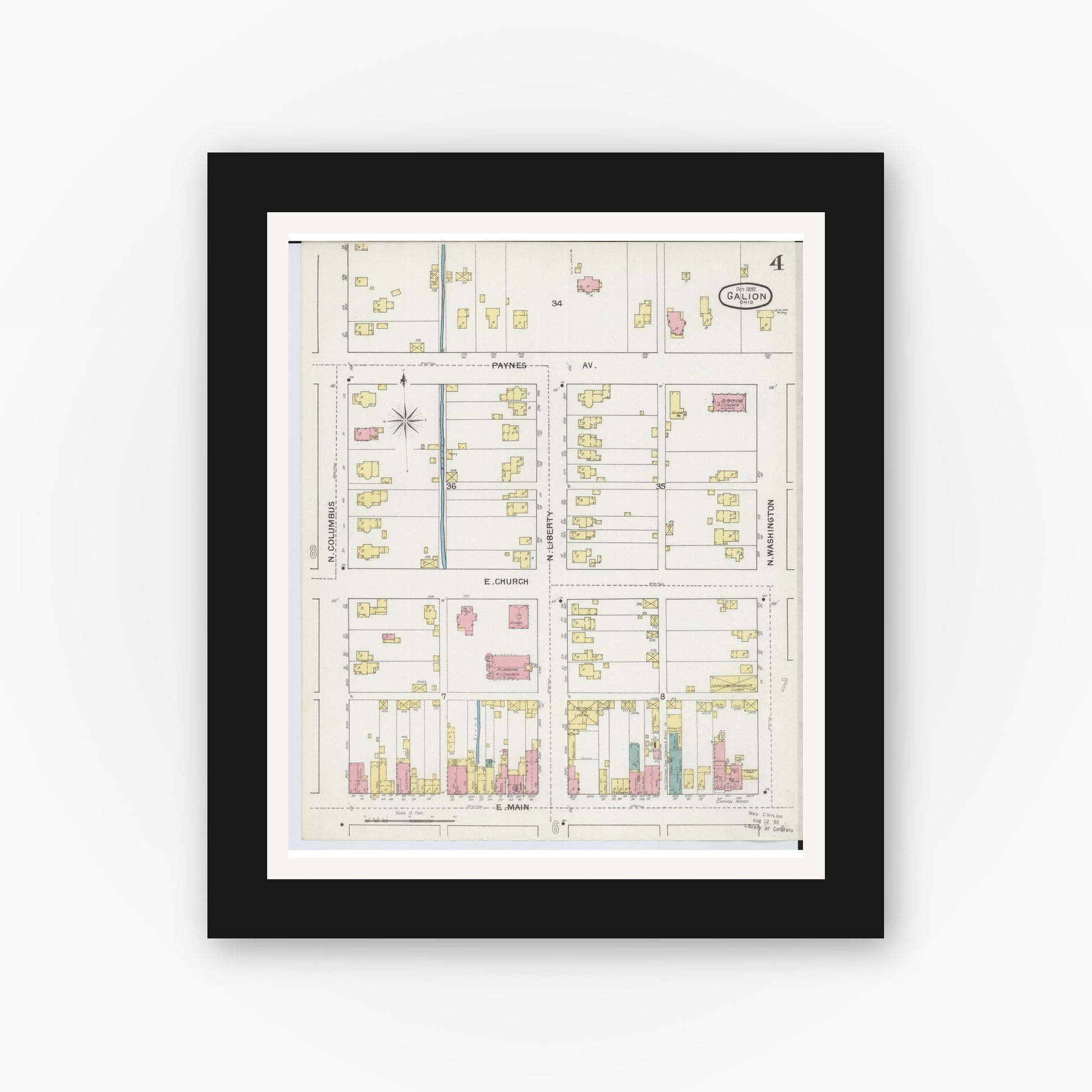 Old map wall art mockup — black gallery frame with white mat — Sanborn Fire Insurance Map from Galion, Crawford County, Ohio (1892), Sheet #0004