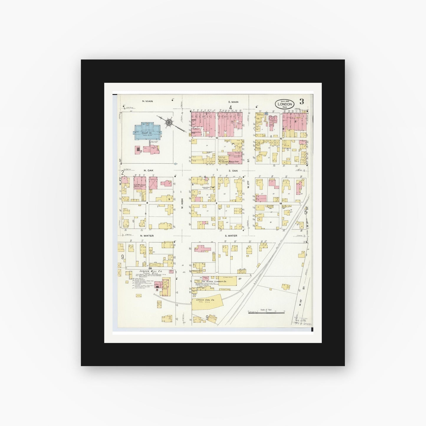 Old map wall art mockup — black gallery frame with white mat — Sanborn Fire Insurance Map from London, Madison County, Ohio (1910), Sheet #0003