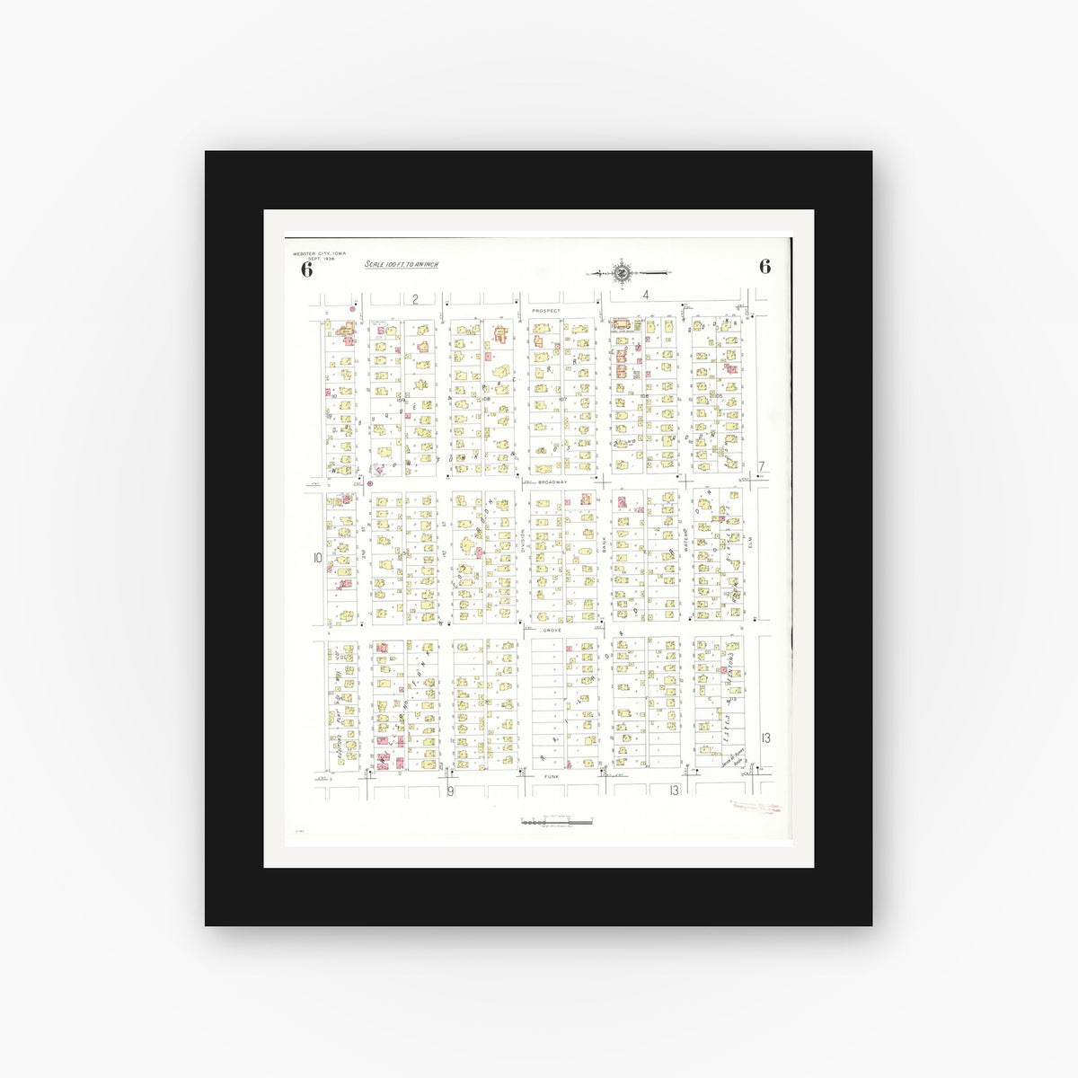 Old map wall art mockup — black gallery frame with white mat — Sanborn Fire Insurance Map from Webster City, Hamilton County, Iowa (1938), Sheet #0006