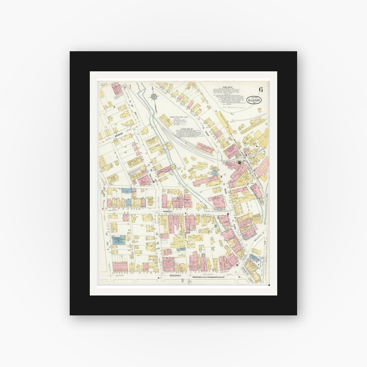 Old map wall art mockup — black gallery frame with white mat — Sanborn Fire Insurance Map from Bangor, Northampton County, Pennsylvania (1912), Sheet #0006